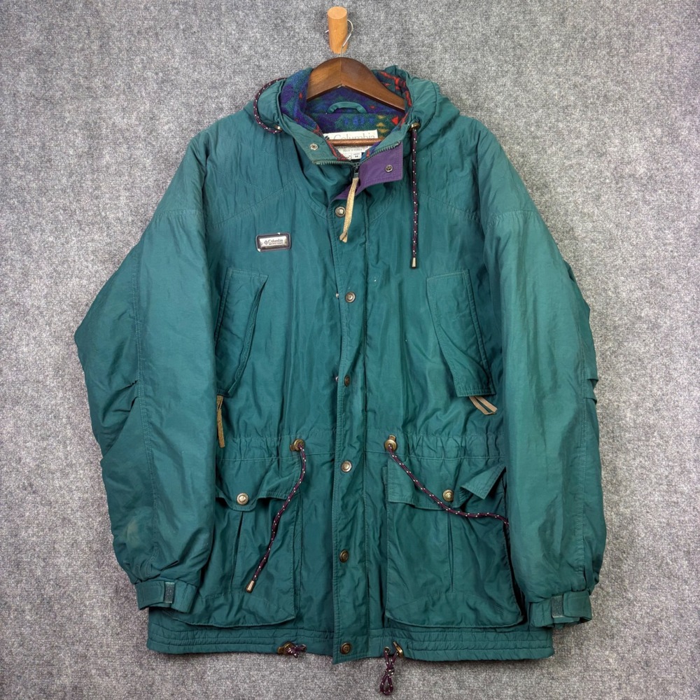 Columbia Parka Mens M Green Vintage Radial Sleeve Fleece Lined Hooded Jacket